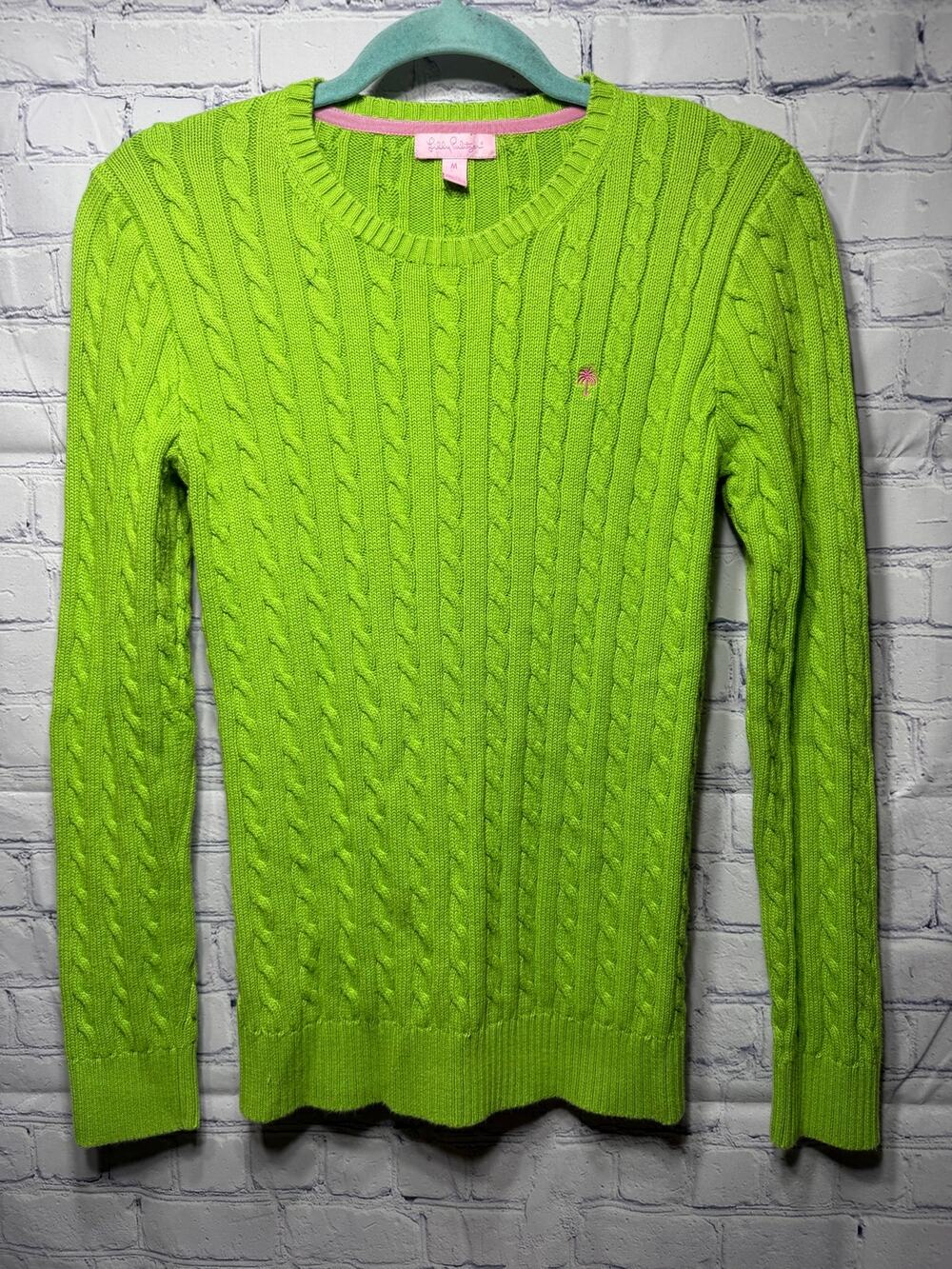Lilly Pulitzer VTG Cable Knit Crewneck Sweater Green Sz M Preppy Old Money